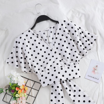 Modern női rövid blúz V-nyakkal és szalaggal