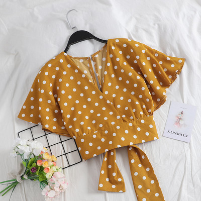 Modern női rövid blúz V-nyakkal és szalaggal