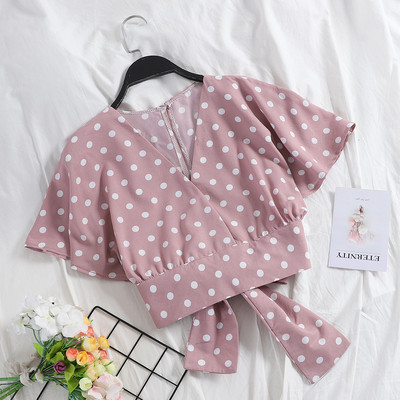 Modern női rövid blúz V-nyakkal és szalaggal