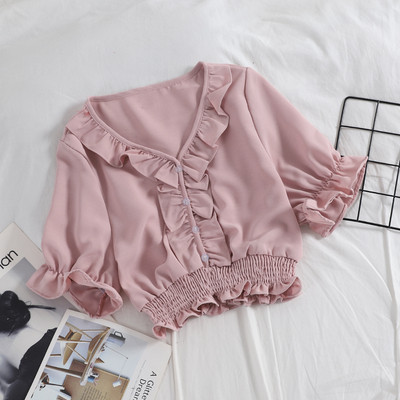 Bluză scurtă de damă modernă cu decolteu în V și elastic în mai multe culori