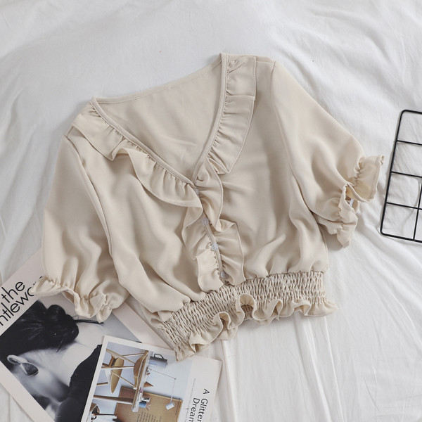 Bluză scurtă de damă modernă cu decolteu în V și elastic în mai multe culori