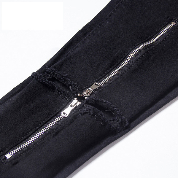 Blugi negri de damă moderni cu motiv rupt și fermoar