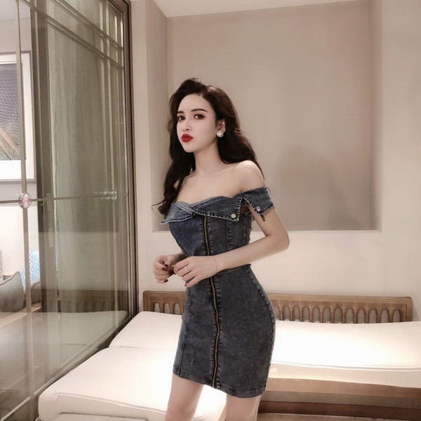 Modern női farmer ruha csupasz váll