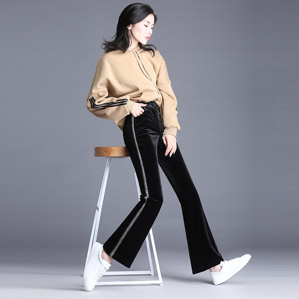 Pantaloni de dama moderni din catifea cu margini in doua culori