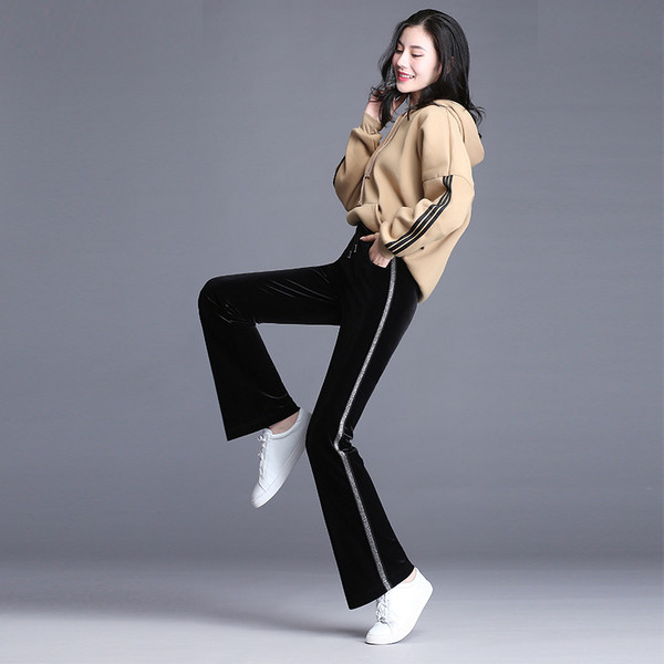 Pantaloni de dama moderni din catifea cu margini in doua culori