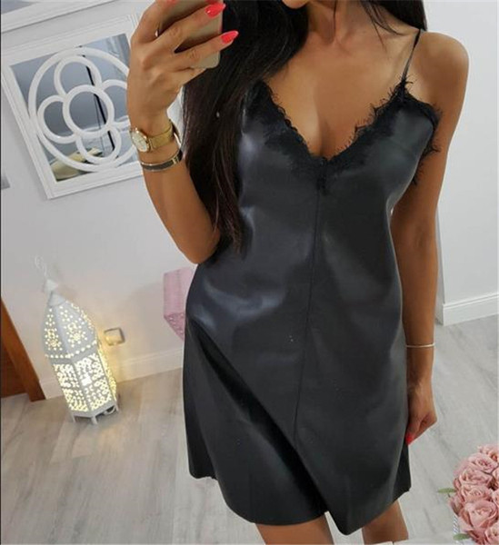 Rochie moderna de dama din piele ecologica si decolteu in V