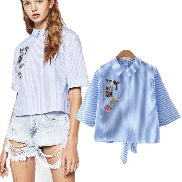 Cămașă modernă de damă cu broderie în albastru