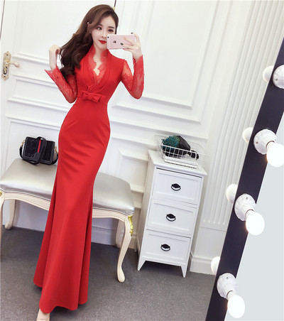 Rochie eleganta lunga de dama cu maneci lungi din dantela in trei culori