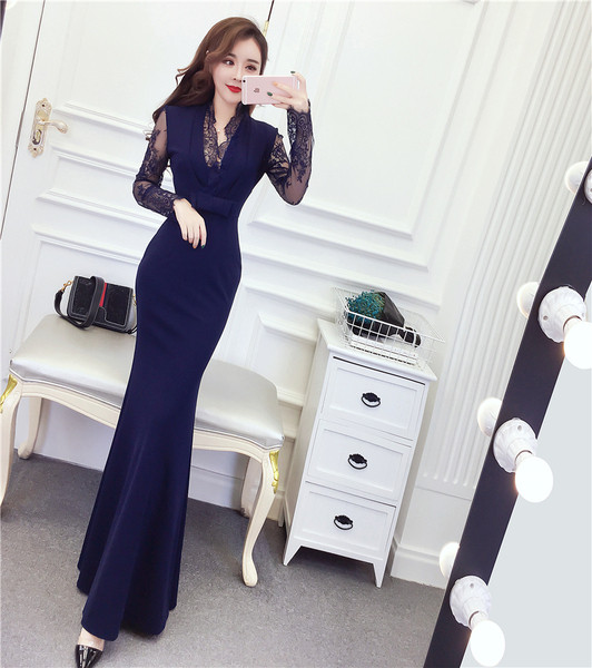 Rochie eleganta lunga de dama cu maneci lungi din dantela in trei culori