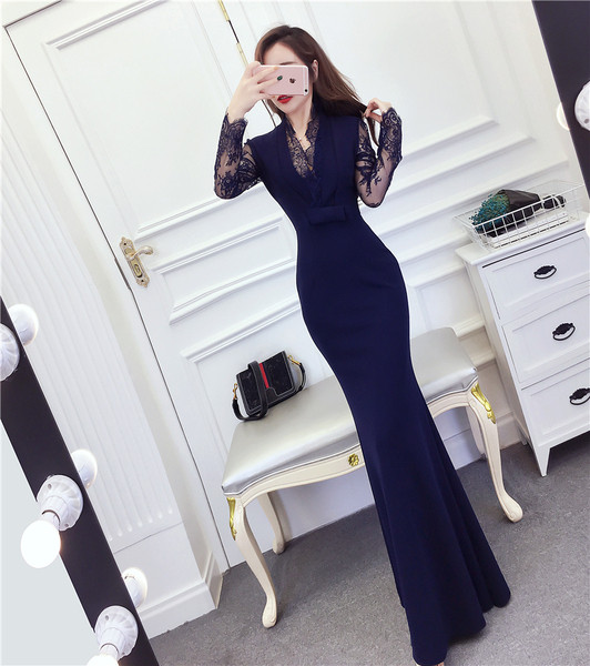 Rochie eleganta lunga de dama cu maneci lungi din dantela in trei culori