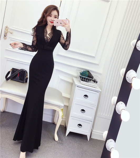 Rochie eleganta lunga de dama cu maneci lungi din dantela in trei culori