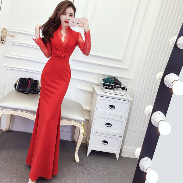 Rochie eleganta lunga de dama cu maneci lungi din dantela in trei culori