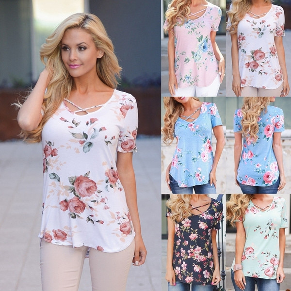 Tricou dama cu maneca scurta cu motiv floral in mai multe culori