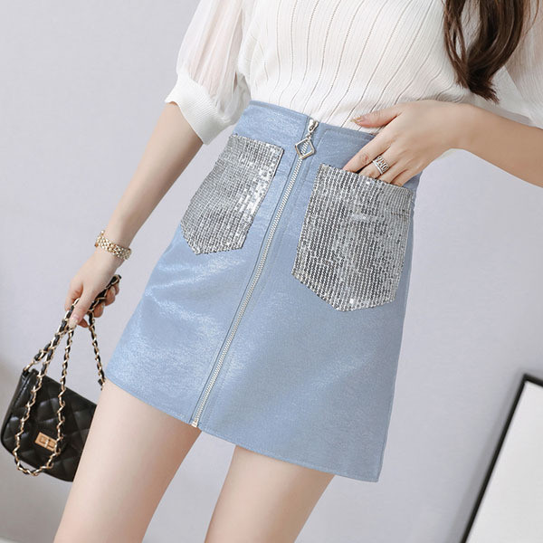 Fusta de dama eleganta in trei culori cu fermoar si paiete