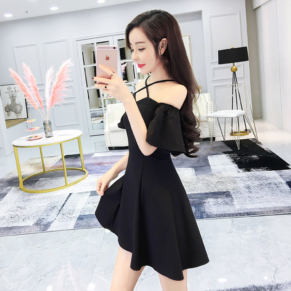 Γυναικείο φόρεμα  με πεσμένα μανίκια σε μαύρο και ροζ χρώμα