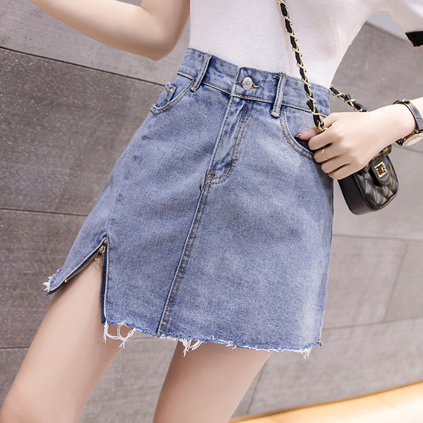 Fusta de dama moderna din denim cu fermoar si buzunare