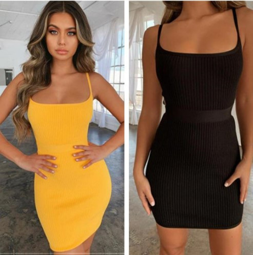 Alkalmi női ruha sárga és fekete színben, vékony pántokkal