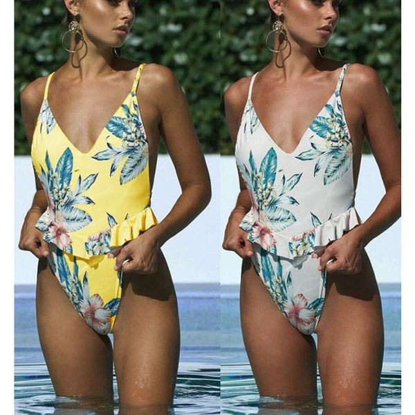 Costum de baie complet pentru damă, elegant, cu motiv floral în două culori