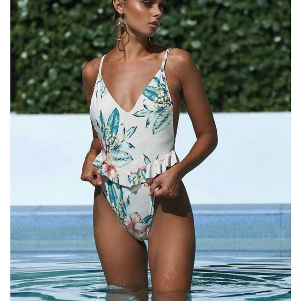 Costum de baie complet pentru damă, elegant, cu motiv floral în două culori
