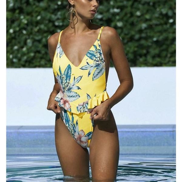 Costum de baie complet pentru damă, elegant, cu motiv floral în două culori