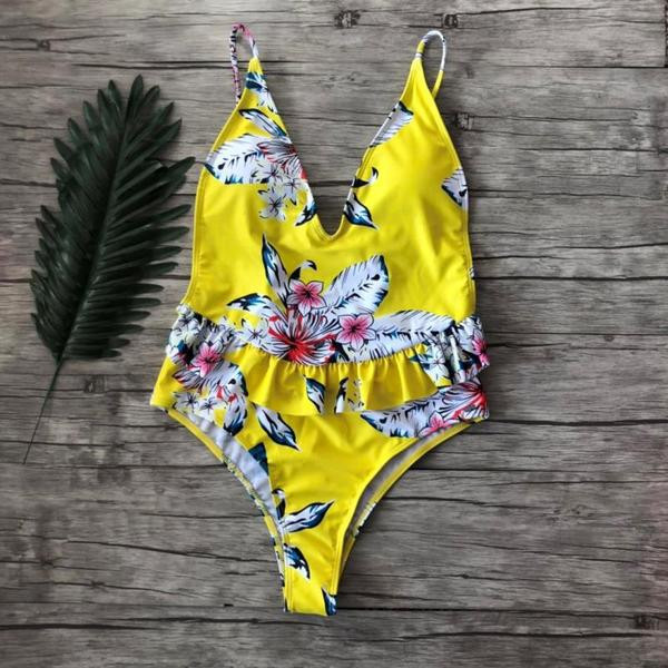 Costum de baie complet pentru damă, elegant, cu motiv floral în două culori