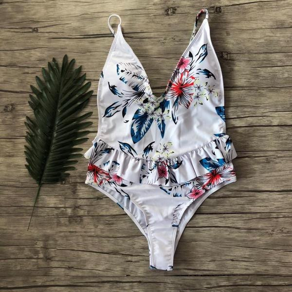 Costum de baie complet pentru damă, elegant, cu motiv floral în două culori