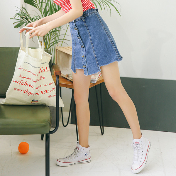 Modern női farmerszoknya gombokkal, magas derékkal