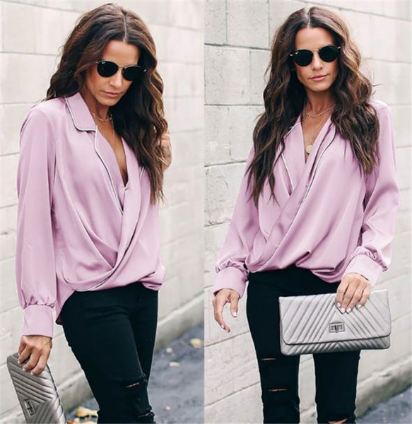 Cămașă modernă de damă cu decolteu în V cu mâneci lungi