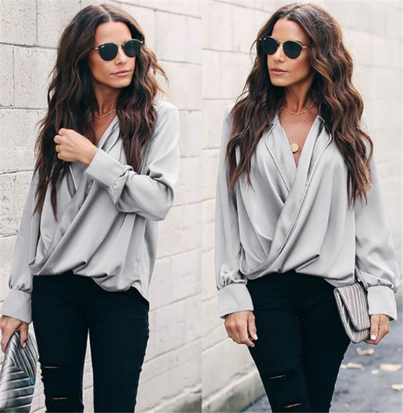 Cămașă modernă de damă cu decolteu în V cu mâneci lungi