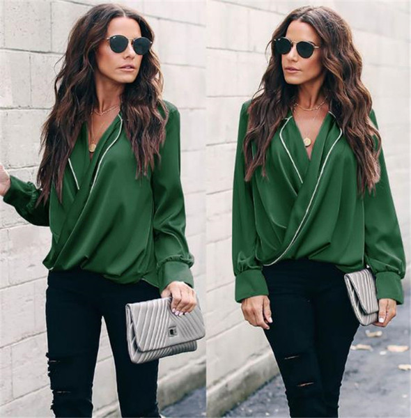 Cămașă modernă de damă cu decolteu în V cu mâneci lungi