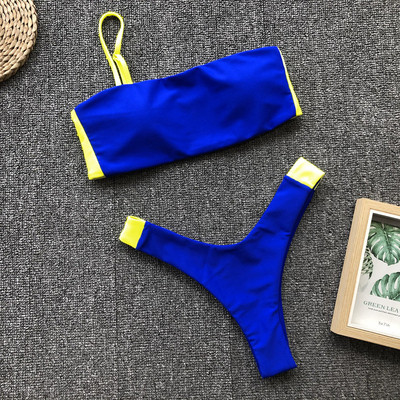 Модерен дамски бански костюм от две части в син и оранжев цвят