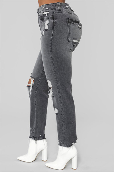 Модерни дамски дънки с разкъсани мотиви и сив цвят