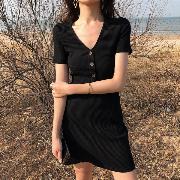 Ежедневна дамска рокля в два цвята с копчета и къс ръкав 