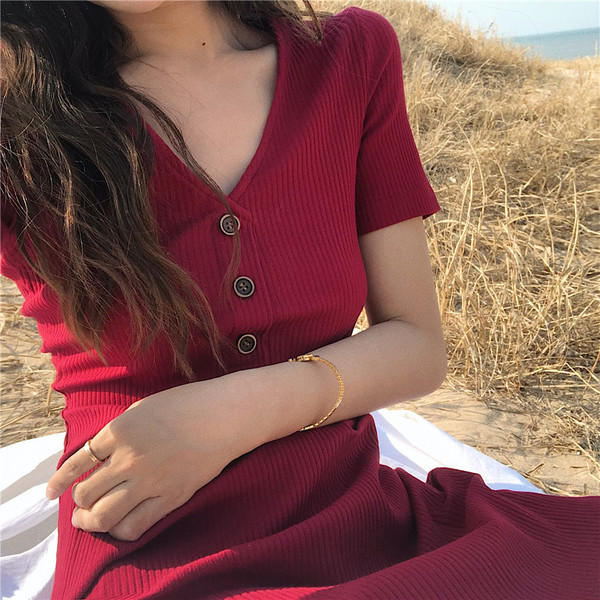 Ежедневна дамска рокля в два цвята с копчета и къс ръкав 