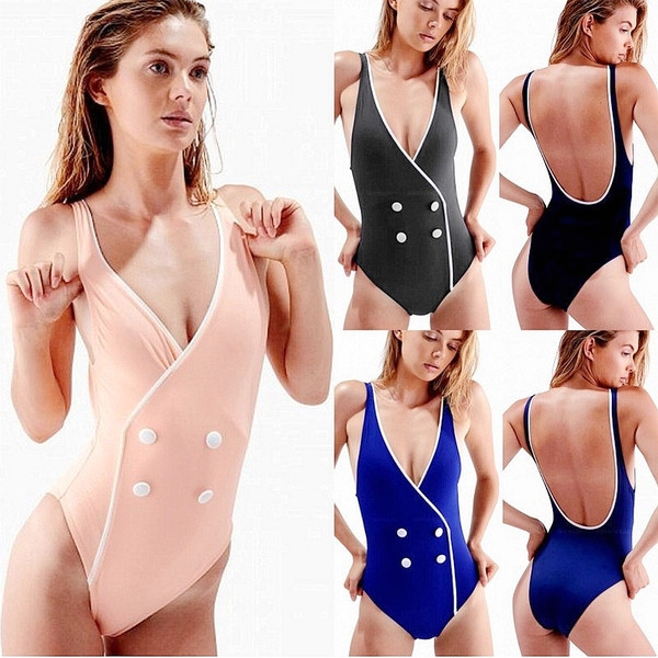 Нов модел дамски бански костюм с елемент-копчета в няколко цвята 