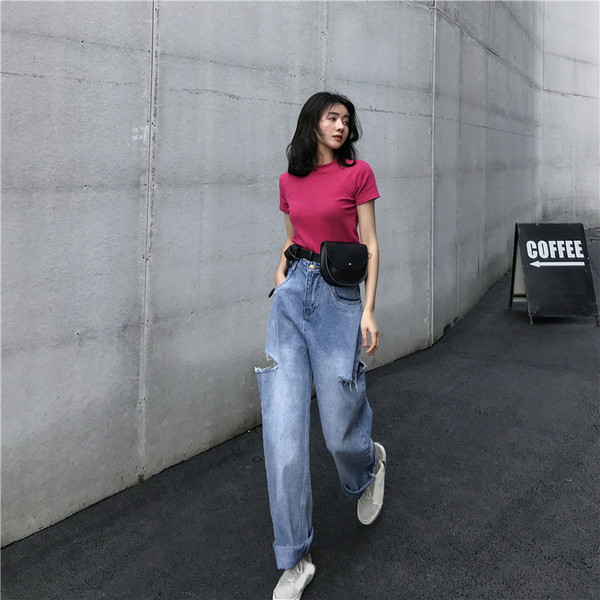 Ежедневни дамски дънки с висока талия широк модел