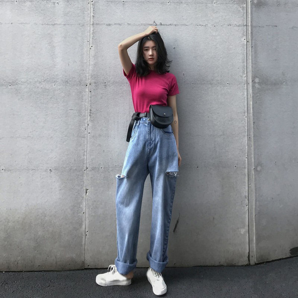 Ежедневни дамски дънки с висока талия широк модел