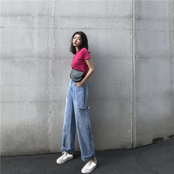 Ежедневни дамски дънки с висока талия широк модел