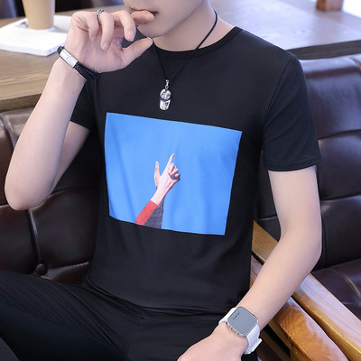 Мъжка тениска с О-образно деколте и апликация-два цвята