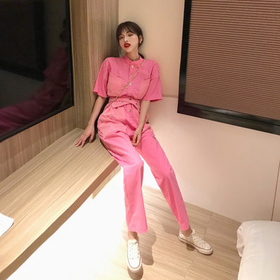 Модерен дамски гащеризон с джобове и колан в два цвята