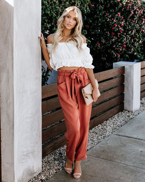 Стилен дамски панталон с висока талия и връзка 