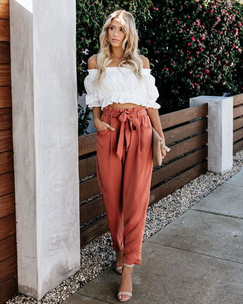 Стилен дамски панталон с висока талия и връзка 