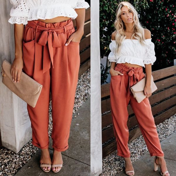 Стилен дамски панталон с висока талия и връзка 