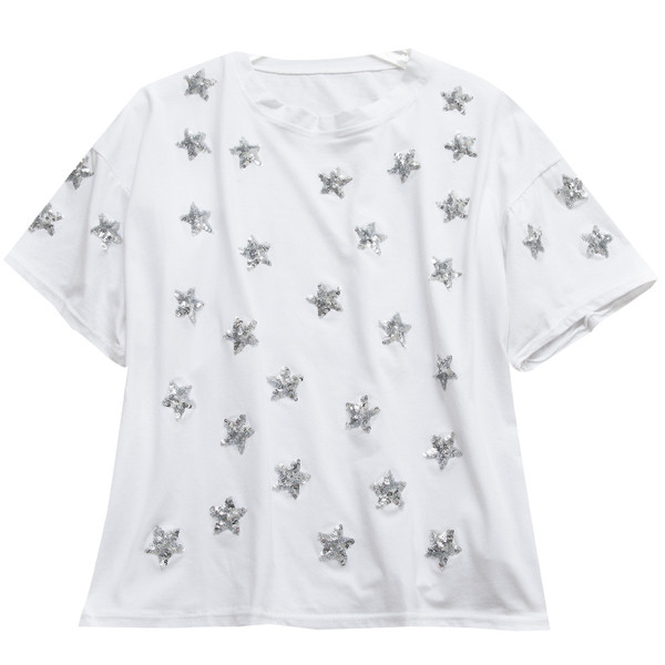 Ежедневна дамска тениска с декорация от пайети в черен и бял цвят