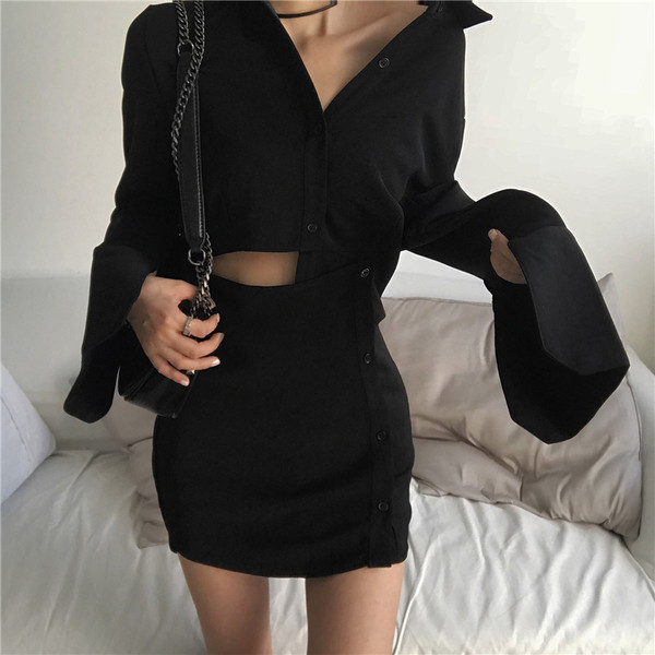 Небрежна дамска рокля в черен и бял цвят с копчета