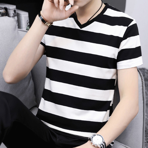 Мъжка раирана тениска с V-образно деколте в три цвята