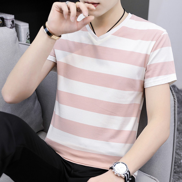 Мъжка раирана тениска с V-образно деколте в три цвята