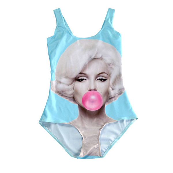 Модерен дамски цял бански костюм с цветна апликация в син цвят 