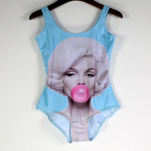 Модерен дамски цял бански костюм с цветна апликация в син цвят 