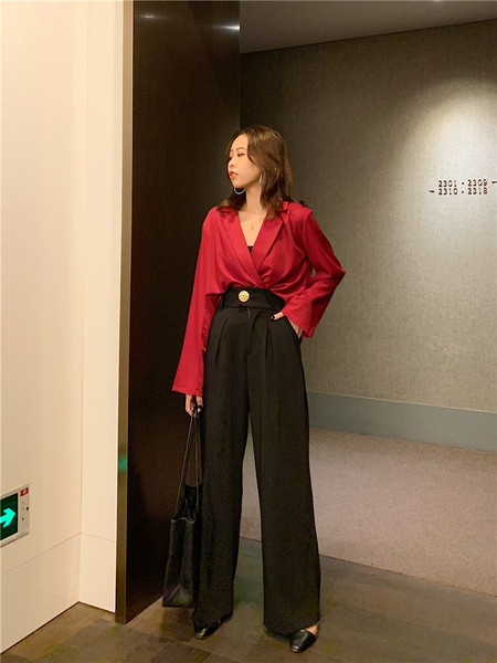 Стилна дамска риза с дълъг ръкав в черен и червен цвят 